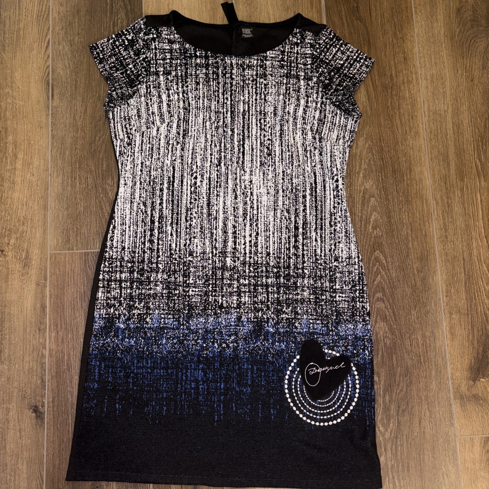 Desigual Black White Blue Ombré Knit Dress Size XL Cocktail Short Dress
